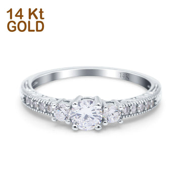 14K White Gold Round Three Stone Bridal Wedding Engagement Ring Simulated CZ